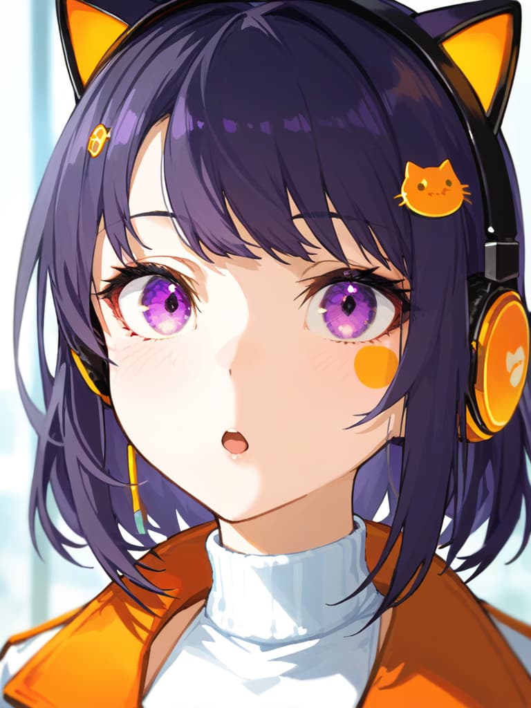  (black cat ear headphones: 1.2), masterpiece, open mouth, best quality, close up, from front, medium hair, (purple eyes: 1.2) , orange overside jacket, (shoulder glass: 1.2), (white turtleneck: 1.1), (hair pin: 1.3)