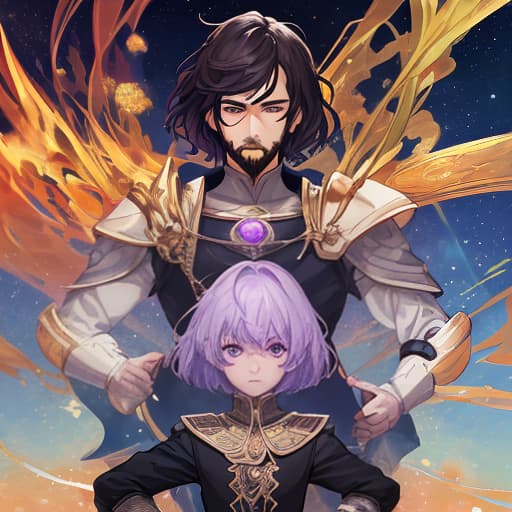  the protector of the universe is a young man of lean build, with a small beard and a short haircut. the left eye is purple. the right eye is red. with a girl.