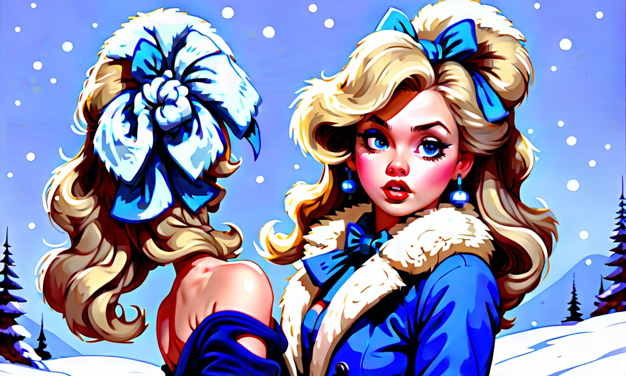  kawaii style painting in the style of pinup, artistic image, humor, a young woman, a cute face, makeup, blond hair, from the sides of the hair is tied with huge white bows, from the bows hanging curly hair, a lot of hair, a woman is dressed in a blue coat and a fur coat surrounds the figure of a woman with a strip of fur, fur and white fur, the coat is short and ends on the thighs of a woman, she is not lighted up on the side of a woman with a thinner, she stands on the snow, she is brightly on the shoulder skin from the snow, she is surrounded by a young woman with a glowing pinnace on the snow, she stands on her fingers, she is clearly on the nose and a white fingers, she is surrounded by a young woman, she is surrounded by a glower finge