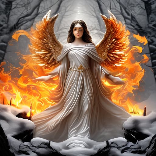  (dark shot:1.4), 80mm, angels: beautiful snow white angels with large, elegant wings. their faces glow with peace and kindness, and their clothes are decorated with gilded and silver elements. fire: a burning fire, bright and powerful, surrounds the angels, but does not harm them. the flame rises high, giving the impression of strength and energy. contrast: the contrast between the purity of white angels and the brightness of red orange fire. the whiteness of the angels stands out against a raging flame. atmosphere: create an atmosphere of greatness and sacredness as if angels came from heaven to pass through fire. their presence should cause awe and admiration. lights and shadows: the general light comes from the angels, softening the fire