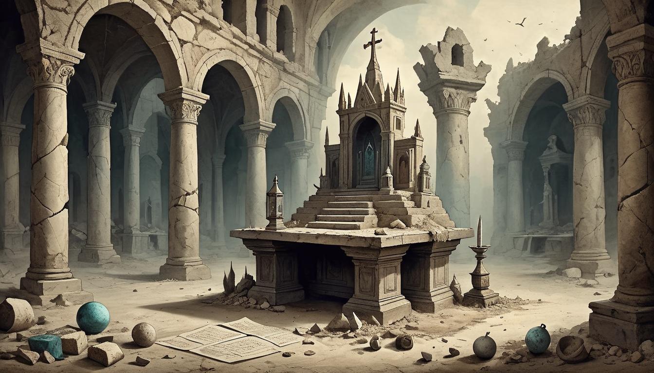  on parchment, surrealism+++, a desolate, crumbling altar, offerings turned to dust, abandoned and neglected, symbolizing the price paid for actions(mysterious, provocative, symbolic,muted color)+++