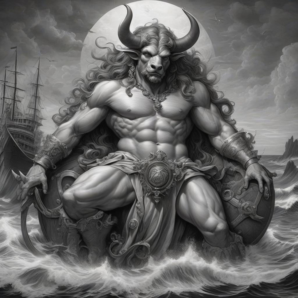  nautical themed renaissance, gothic, fantasy: minotaur. . sea, ocean, ships, maritime, beach, marine life, highly detailed