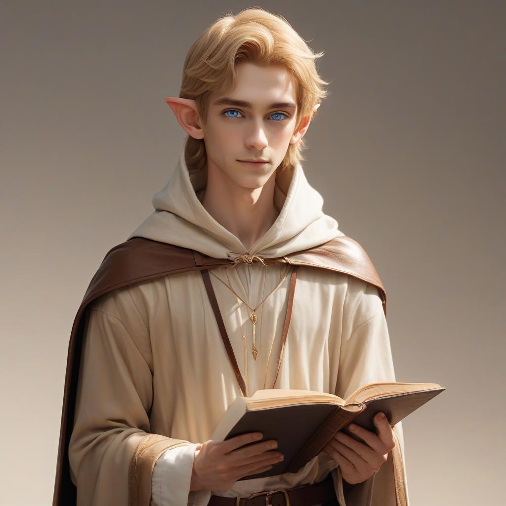  a short and slender elf with light skin, straw hair and blue eyes, dressed in a white shirt and beige pants, a brown cape with a hood hangs on his shoulders, holds an open book with leather binding and a drawing of wood from golden lines in his hands, hkmagic