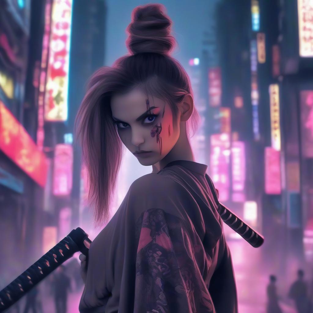  a slender athletic girl with long legs, very high heeled shoes, in her hand a long samurai katana sword, hair tied in a ponytail, in the style of japanese cyberpunk, in bangkok, photo below, in the style of christopher nolan, high quality photography, in an epic pose