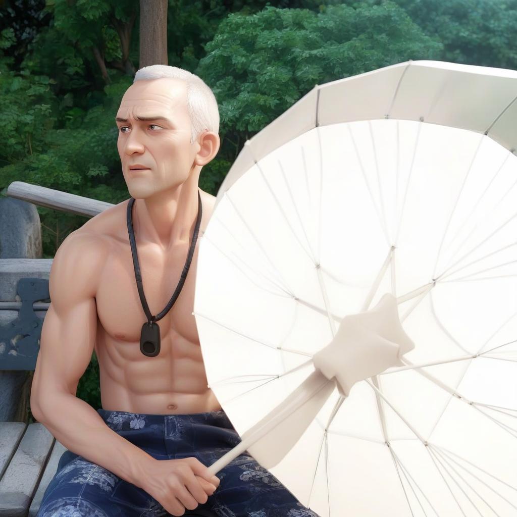  professional 3d model a man sitting on a bench holding an umbrella шаман с бубном, духи, магия, вороны . octane render, highly detailed, volumetric, dramatic lighting, hkmagic