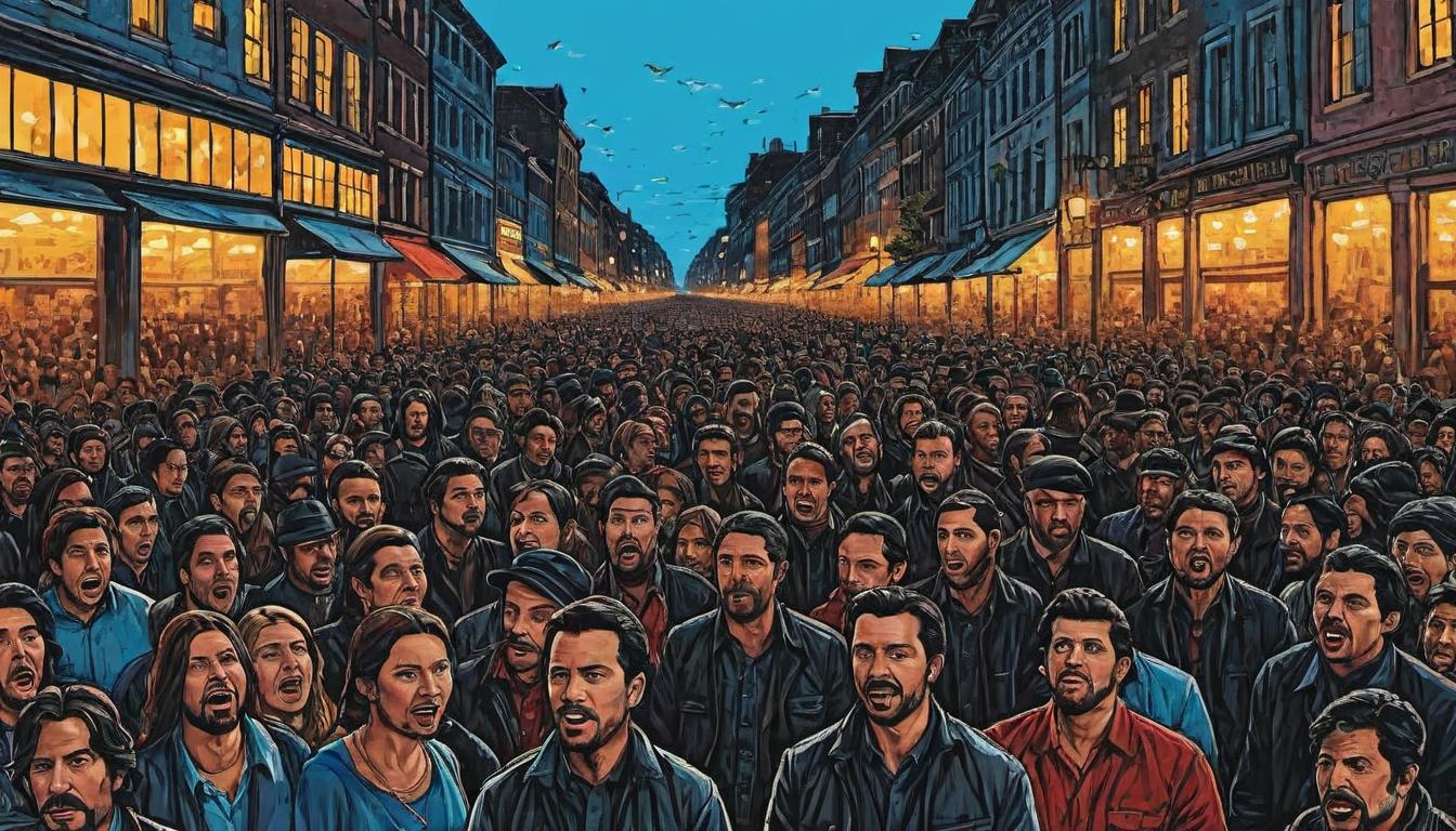  （surrealism)a crowd of people, some turning their heads, one person central, mouth open as if speaking, various reactions, attentive, reflective mystic, intricate details, best quality)