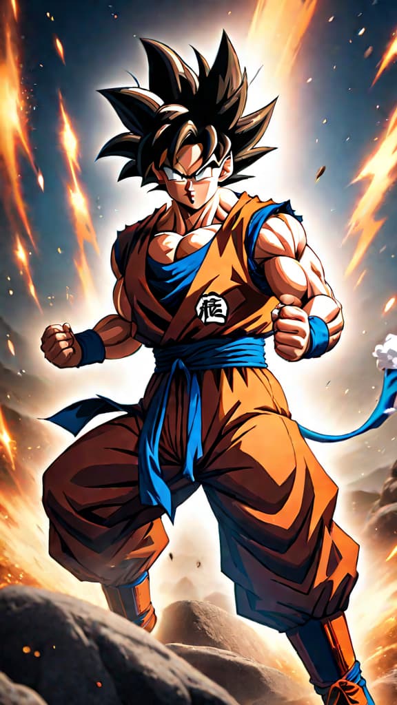  goku from dragon ball, in ultra instinct, delivers a powerful punch to jiren amidst a crumbling arena, anime art hyperrealistic, full body, detailed clothing, highly detailed, cinematic lighting, stunningly beautiful, intricate, sharp focus, f/1. 8, 85mm, (centered image composition), (professionally color graded), ((bright soft diffused light)), volumetric fog, trending on instagram, trending on tumblr, HDR 4K, 8K