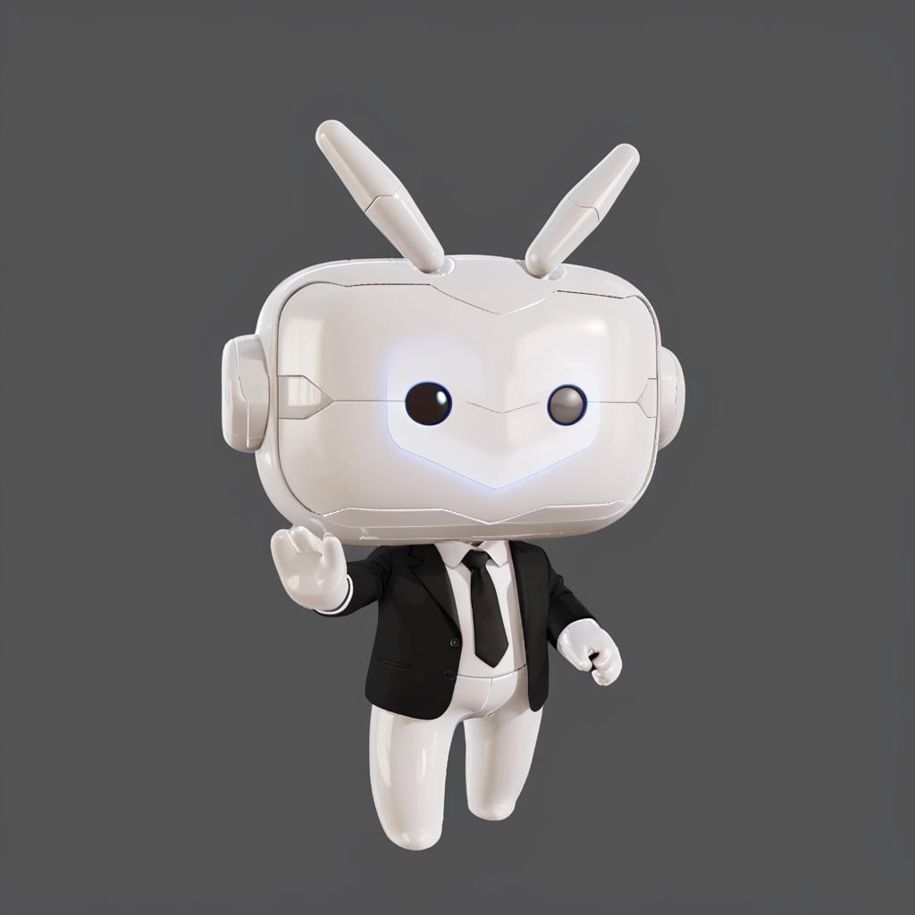  anxiaozhi,a cute white robot with white mask wears a black suite,waving.