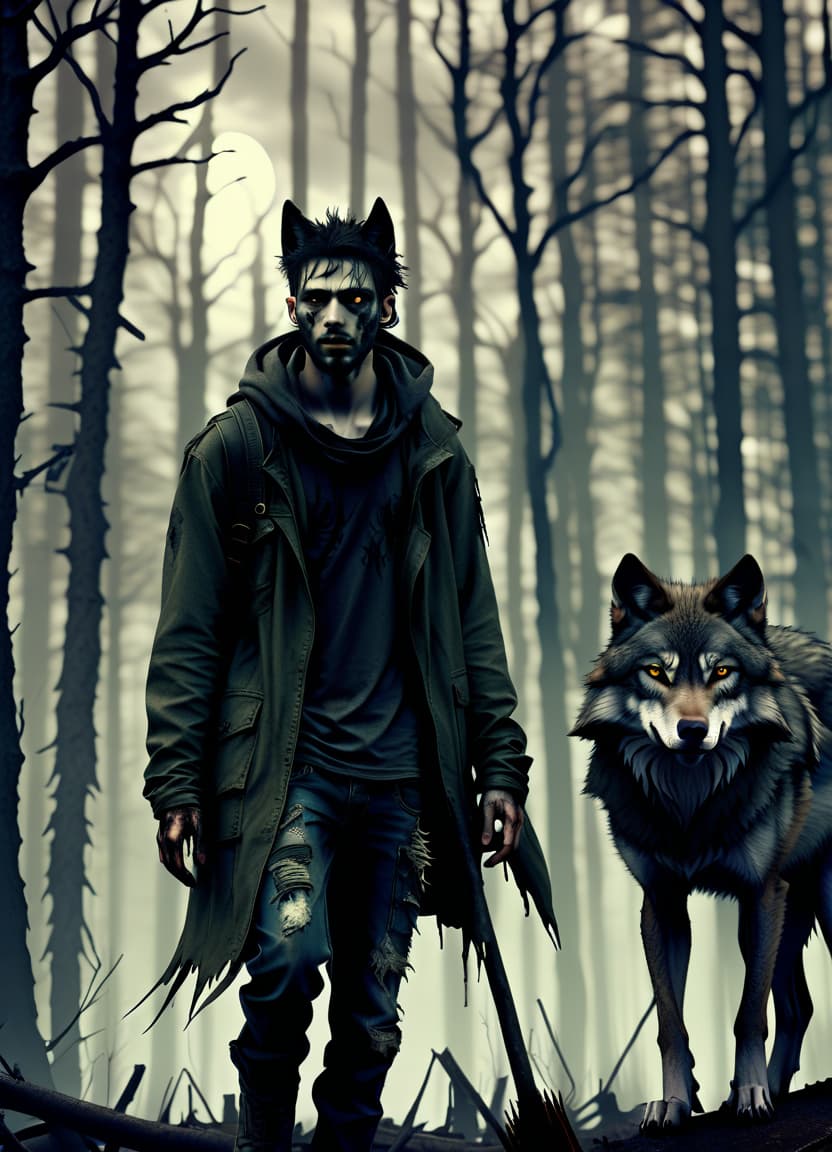  dystopian style make him a witch. he's a wolf, and behind him is a forest . bleak, post apocalyptic, somber, dramatic, highly detailed