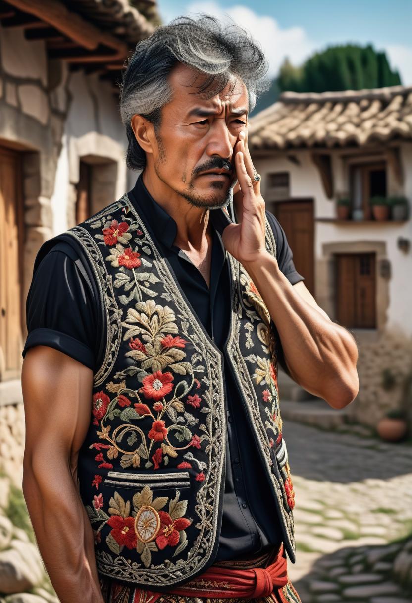  style of rumiko takahashi, close up of a spanish man facepalm, facepalm gesture, hand on face, in folk costume, detailed facial features, organic shapes, meticulous portrait, complex patterns , dressed in a flowing (embroidered vest and pants:1.2) in a rustic countryside setting, against the backdrop of a spanish stone village. high contrast of the drawing and background. surrealism, fantasy with elements of modernity. high detail, high quality, 8k hyperrealistic, full body, detailed clothing, highly detailed, cinematic lighting, stunningly beautiful, intricate, sharp focus, f/1. 8, 85mm, (centered image composition), (professionally color graded), ((bright soft diffused light)), volumetric fog, trending on instagram, trending on tumblr, HDR 4K, 8K