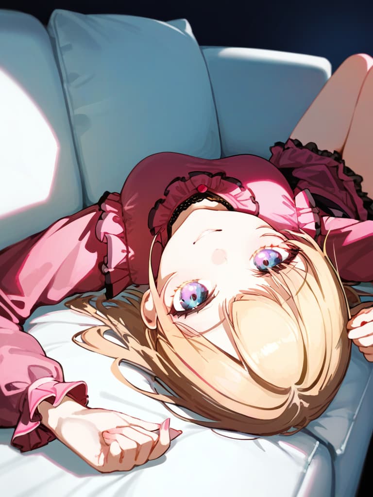  ultra detailed:1.2,masterpiece:1.2,best quality,masterpiece,bestquality,hdr:1.1,8k:1.1,very cute girl:1.3,(pink color,long sleeve frill dress:1.6),(lying on side:1.4),smile:1.4 ,(blonde hair,twin tail,drill hair:1.3) ,(on the couch:1.7),upper body:1.3,dutch angel:1.5,close mouth,(upside down:1.7)(from above:1.1)((eyes highlight:1.1))