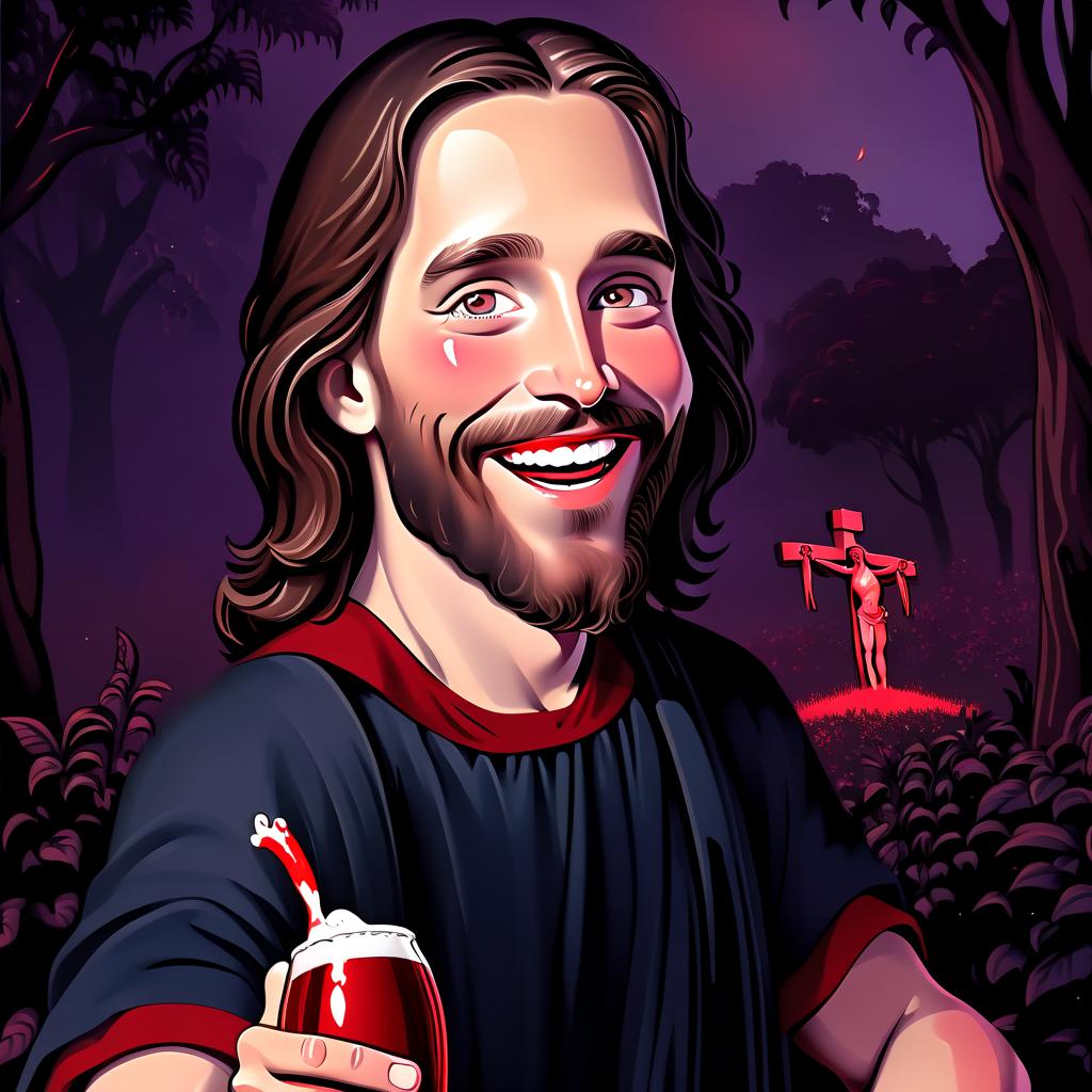  jesus with red beer in hand, restrained smile, garden of eden in the background