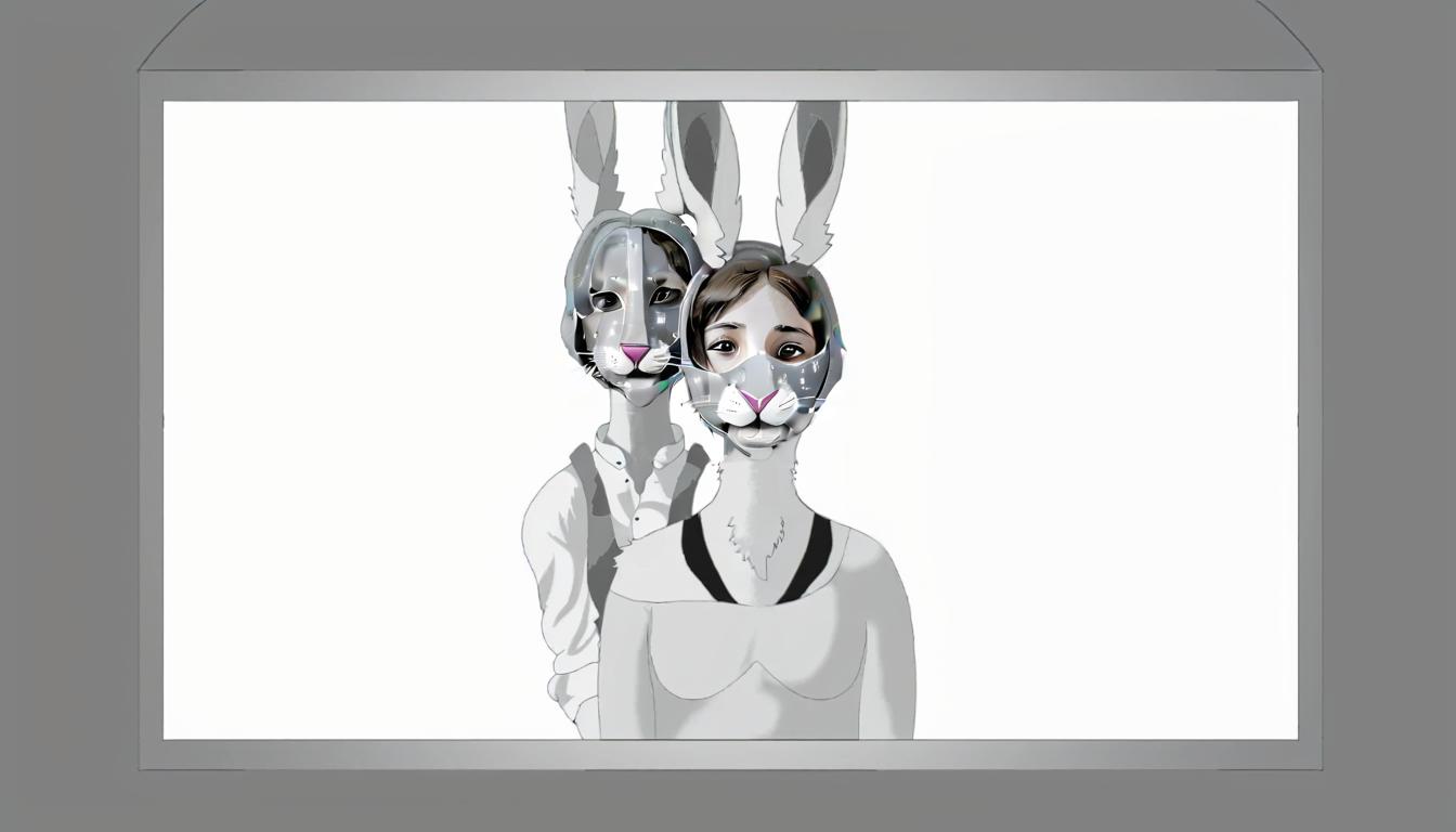  cardboard on the wall man like animals boy and girl with rabbit muzzles grey background in clothes dressed in gray clothes with stars to the eyes, film photography style, glowneon, hkmagic