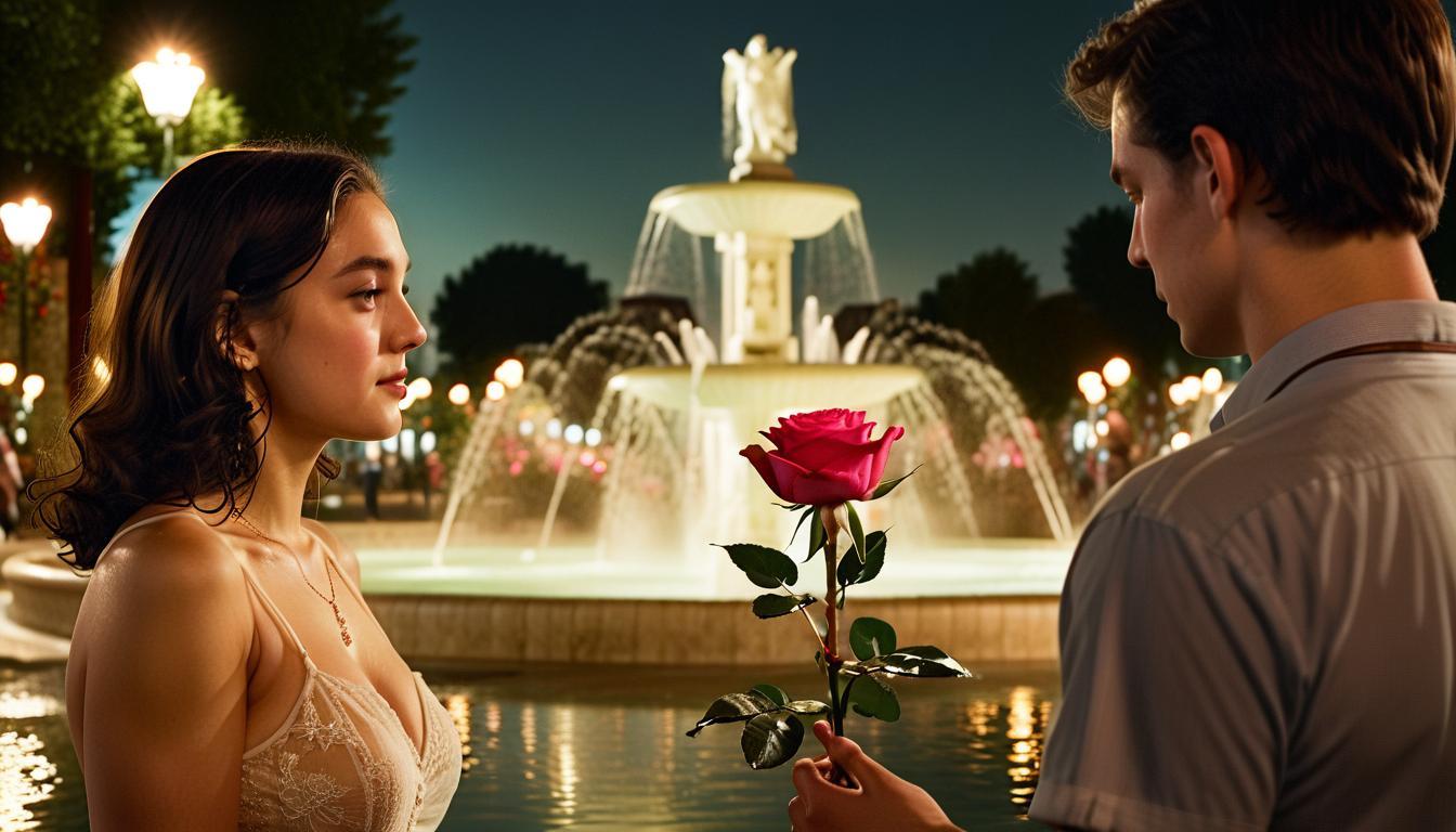  cinematic photo high definition photographic image, detailing, drawing details, night, man and woman meet at the fountain. a man gives a woman a rose, but she looks away. . . 35mm photograph, film, bokeh, professional, 4k, highly detailed, film photography style