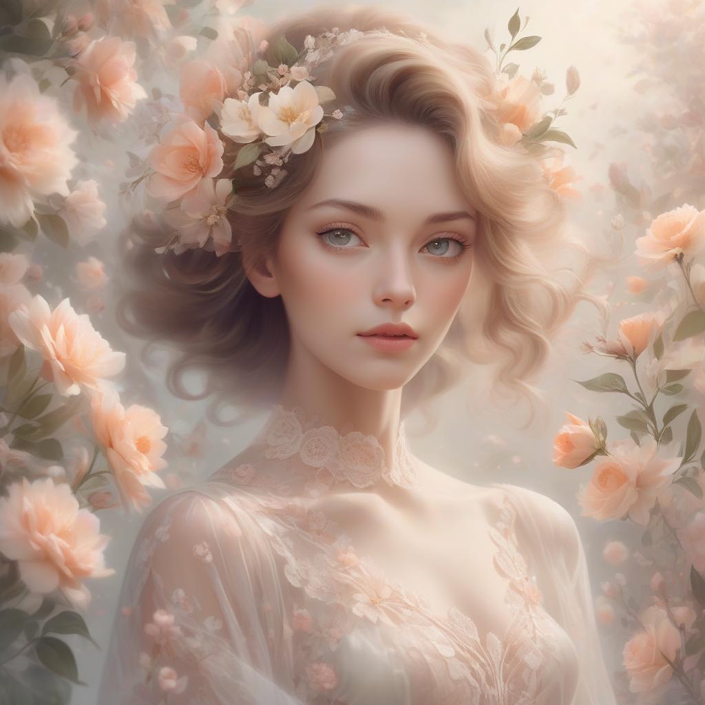  concept art a dreamy portrait of a woman surrounded by a soft floral motif, exuding a serene, ethereal beauty. mrs. robinson, you’re trying to seduce me. aren’t you? portrait of a stunning lady in a serene magical ethereal floral arrangement with soft focus and delicate transparent petals, cream and peach colored lace, a touch of dreamy soft tones, misty background, a perfect masterpiece . digital artwork, illustrative, painterly, matte painting, highly detailed