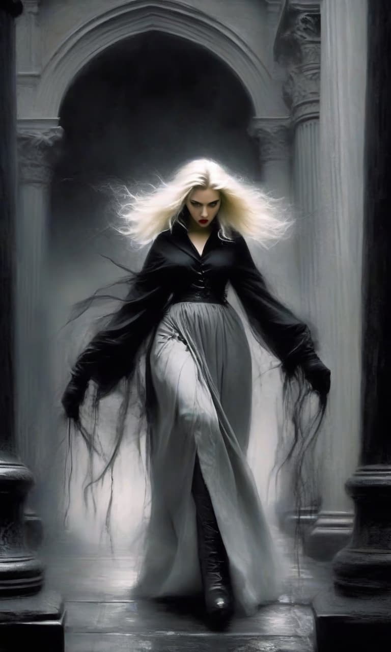  macabre style scarlett johansson in the form of a thief magician with a staff in his hands, with white hair black at the ends, in long leather white skirts and a full length chain skirt in a dark hall with columns. . dark, gothic, grim, haunting, highly detailed, perfecteyes, perfect hands