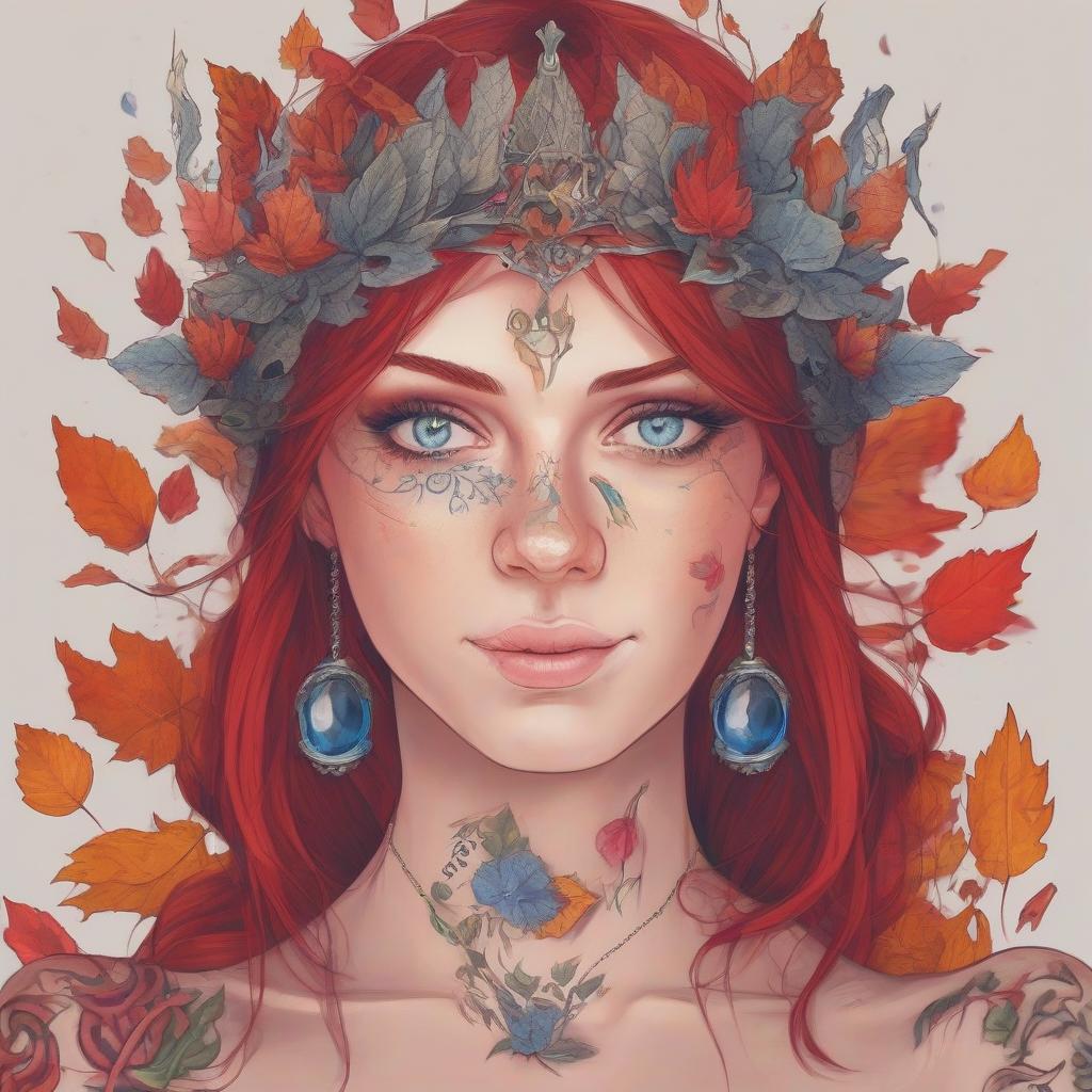  girl in tattoos, autumn, blue eyes, red hair, leaves, crown