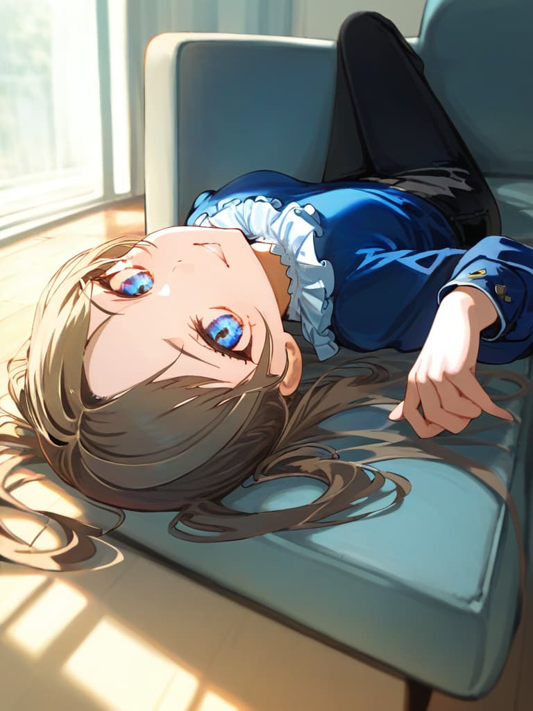  ultra detailed:1.2,masterpiece:1.2,best quality,masterpiece,bestquality,hdr:1.1,8k:1.1,very cute girl:1.3,(blue color,long sleeve frill dress,black pants set:1.6),(lying on side:1.4),smile:1.4 ,(blonde hair,twintail,drill hair:1.3) ,(on the couch:1.7),upper body:1.3,dutch angel:1.5,close mouth,(upside down:1.7)(from above:1.1)((eyes highlight:1.1))