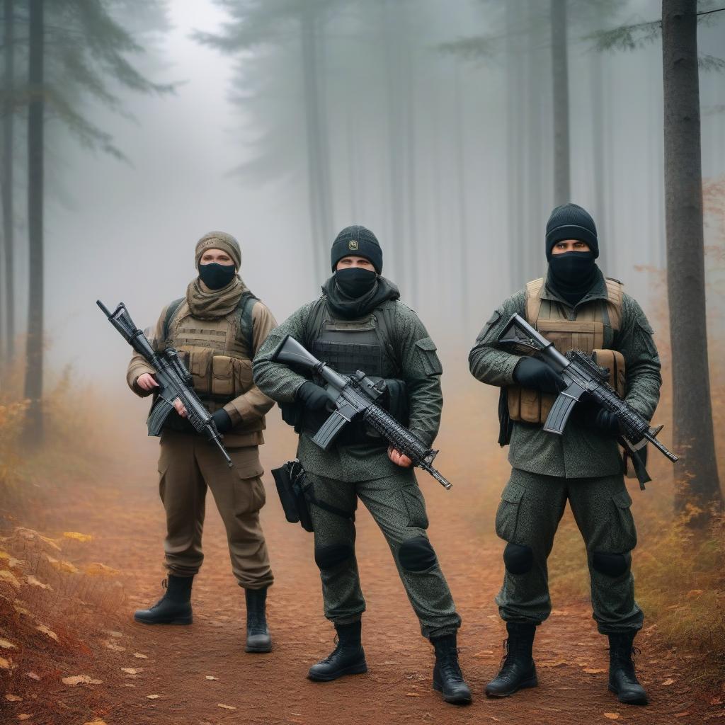  Four people. Clothes for autumn. Wearing face masks. Elements of military equipment. They are armed with Kalashnikov assault rifles. Against the background of a foggy forest