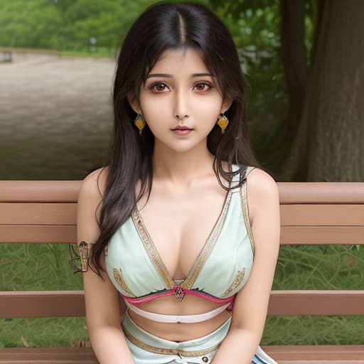  a indian lady sitting on bench and remove her chest button show her half chest