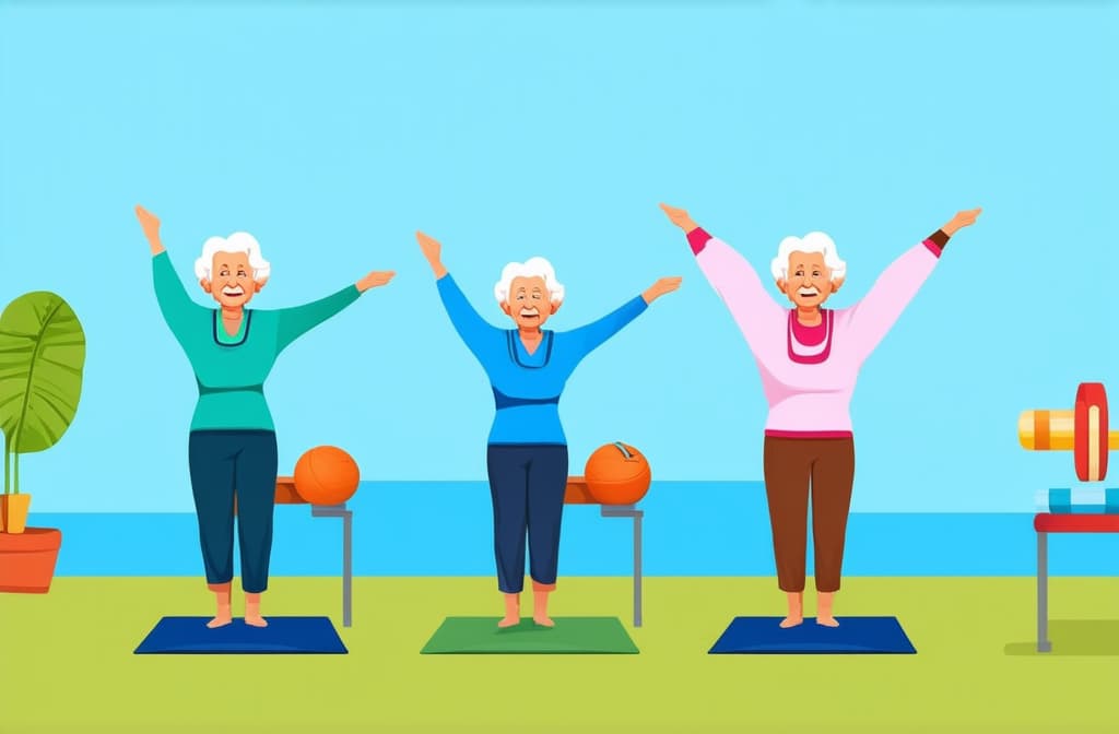  elderly people cartoon characters doing sports, practicing yoga, enjoying aerobics and gymnastics. flat illustration ar 3:2 {prompt}, maximum details