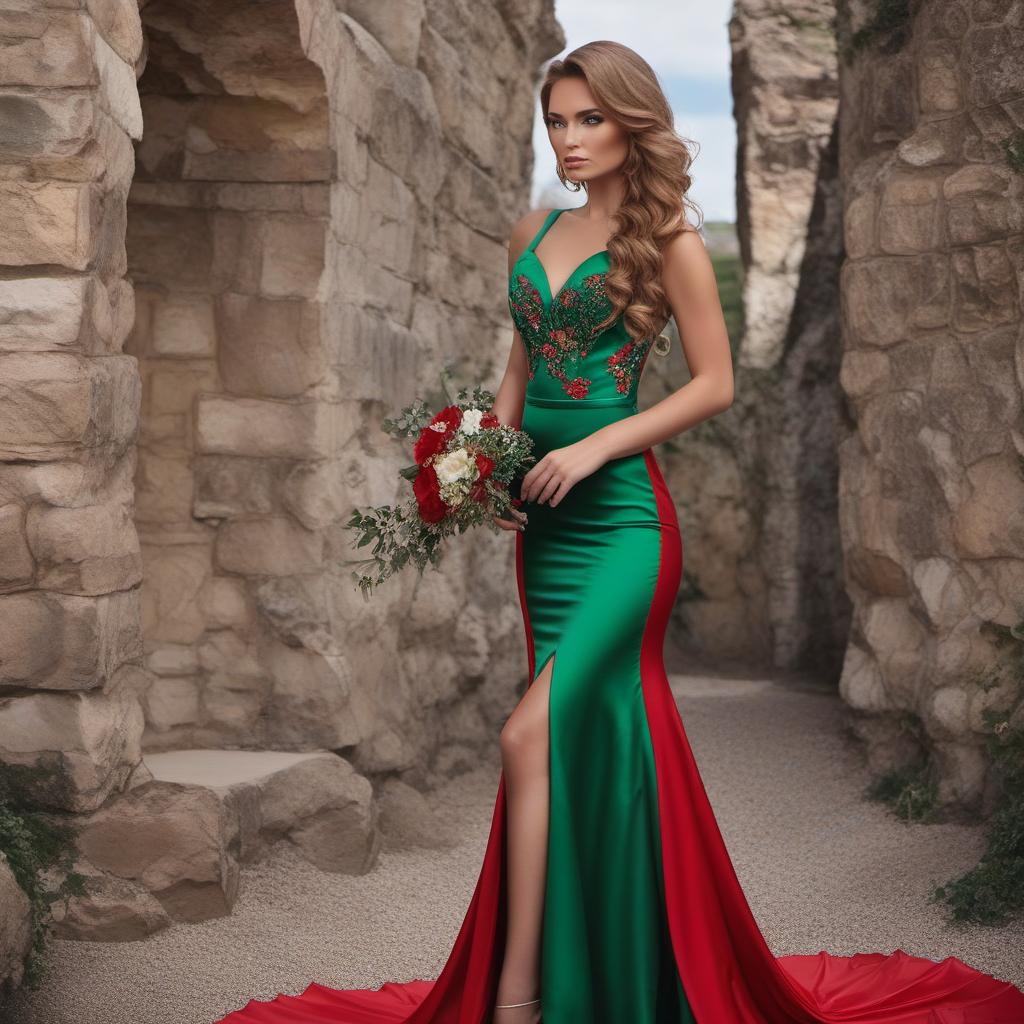  green eyed wavy red woman with one sleev green mermaid gown with a train, profile image style