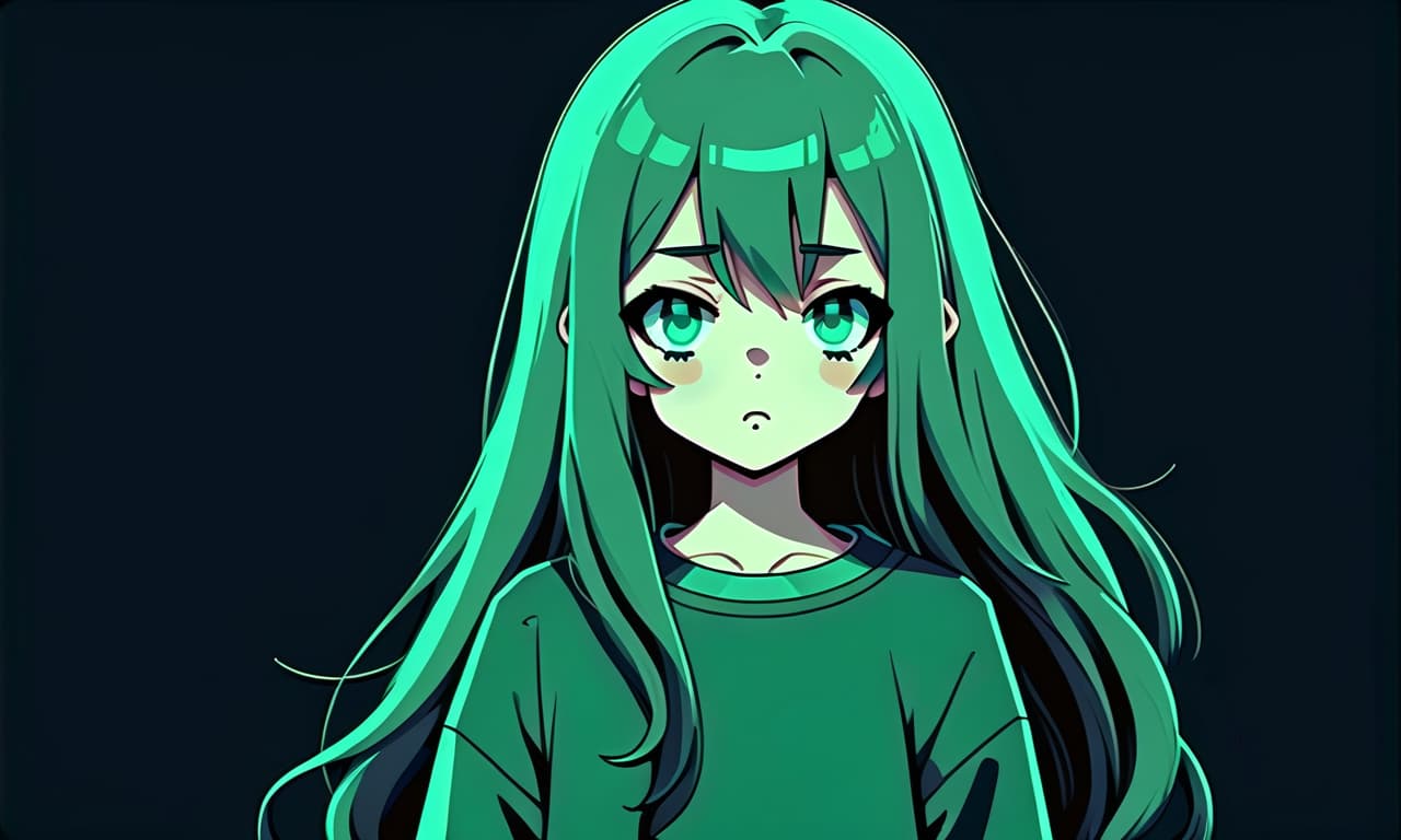  pixel art a girl in anime style with long hair stands in the dark dressed in a dark green sweatshirt and pants. the girl looks into the darkness with black lower eyelids under the eyes of turquoise color full of fear of the unknown and curiosity. she's holding her hand in front of her. . low res, blocky, pixel art style, 8 bit graphics