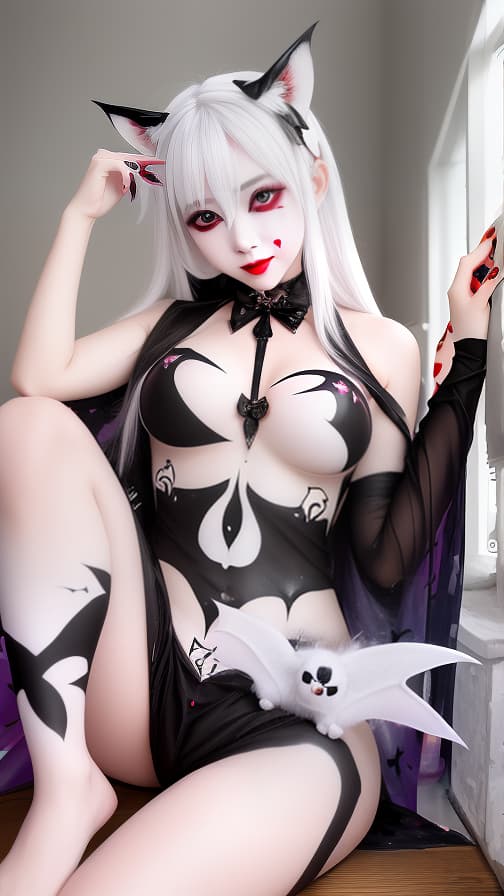  White bat pattern body paint in every corner of the body, Blark body paint all over the body, Blark face paint on the face, Two succubus sisters, full body image 女性