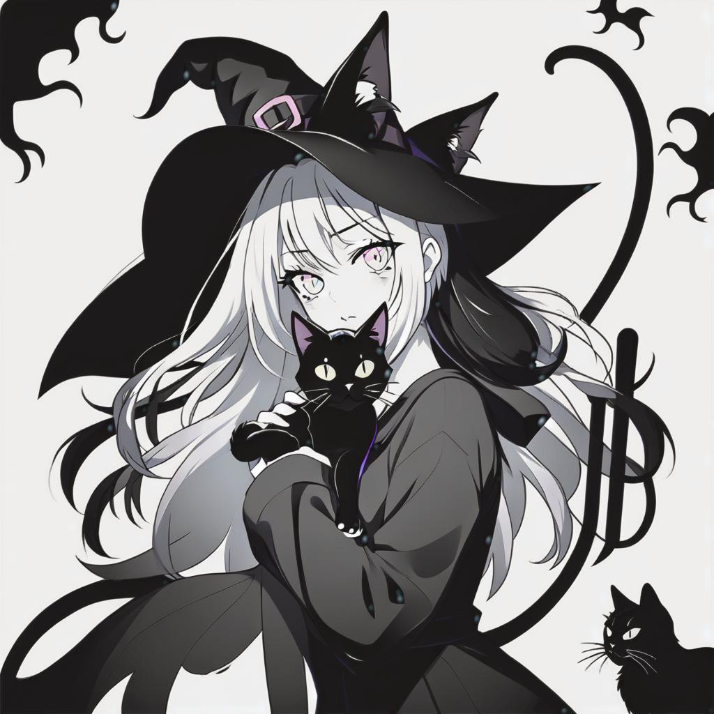  line art drawing witch black cat, same nightmare. anime style . professional, sleek, modern, minimalist, graphic, line art, vector graphics