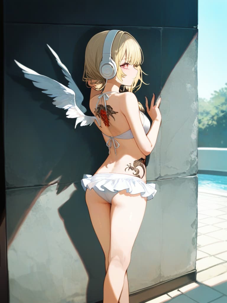  white swimwear, white headphones, blonde twin tails, pools, poses on the wall, pose to show your back, , foot, whole body, frill pareo, snake tattoo on , snake tattoos, tattoos on , wings on the . tattoo, tattoo on the back, wing tattoo, masterpiece, best quality,8k,ultra detailed,high resolution,an extremely delicate and beautiful,hyper detail