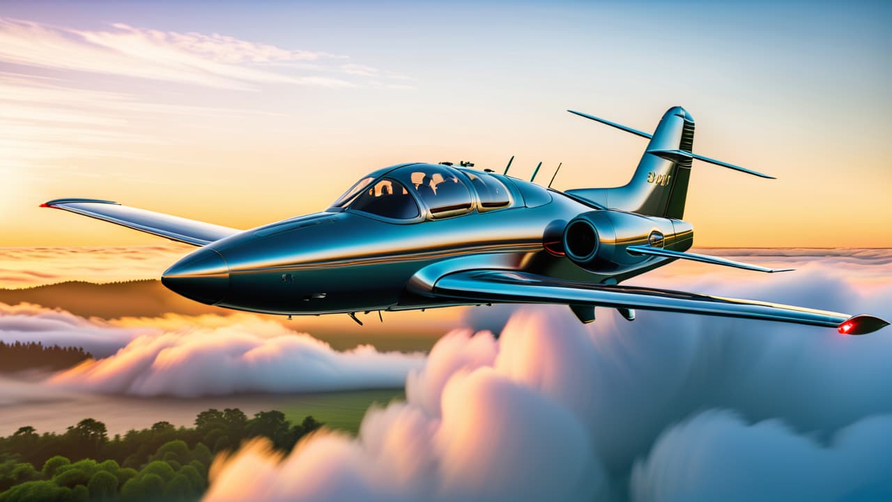  a sleek vintage jet with a polished metal fuselage, soaring against a clear blue sky, surrounded by lush green landscapes, showcasing the elegance of early general aviation design and innovation. hyperrealistic, full body, detailed clothing, highly detailed, cinematic lighting, stunningly beautiful, intricate, sharp focus, f/1. 8, 85mm, (centered image composition), (professionally color graded), ((bright soft diffused light)), volumetric fog, trending on instagram, trending on tumblr, HDR 4K, 8K