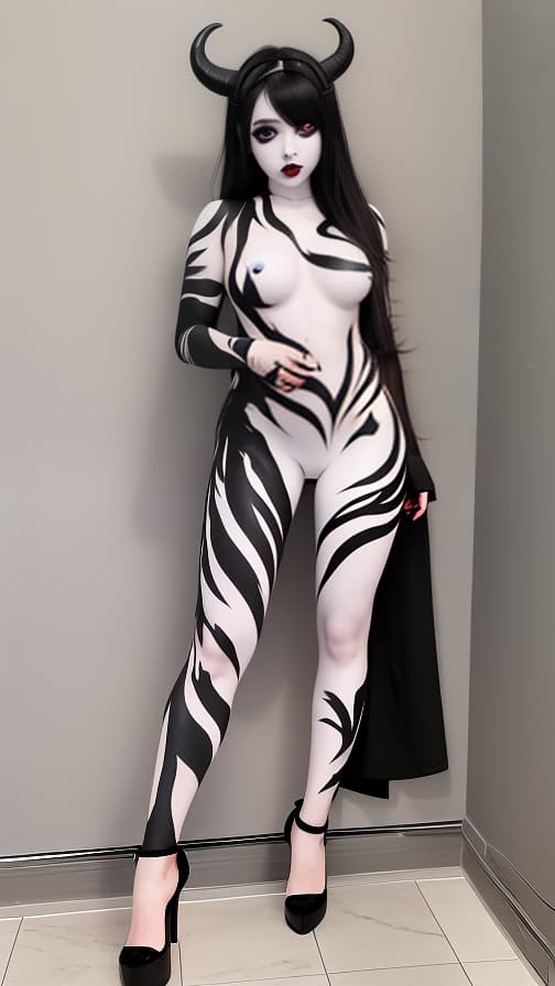  White and Blark flame pattern body paint in every corner of the whole body, Black body paint full body, grey face paint on the face, two succubus, full body image 女性