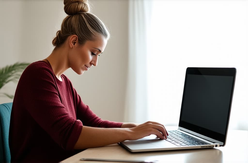  professional detailed photography, girl with a bun on her head works on a laptop in a bright room, good lighting ar 3:2, (muted colors, dim colors, soothing tones), (vsco:0.3)