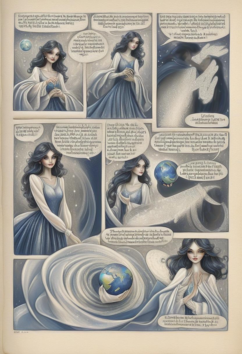  fairy tale enchantress in dark blue shimmering evening dress with airy long sleeves holding a small planet. her dark wavy hair is loose. photorealism. looking directly into the camera. . magical, fantastical, enchanting, storybook style, highly detailed, hkmagic, perfect hands