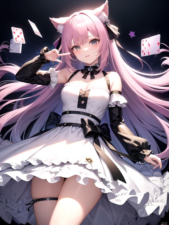  master piece, best quality, ultra detailed, highres, 4k.8k, cute girl with cat ears., striking a cute pose, surrounded by playing cards., adorable and innocent., break cute girl in a frilly dress., wonderland inspired setting., giant ribbon, pastel colored scenery, and oversized playing cards., break whimsical and charming., soft, dreamy lighting and a magical aura., cyberpunkai