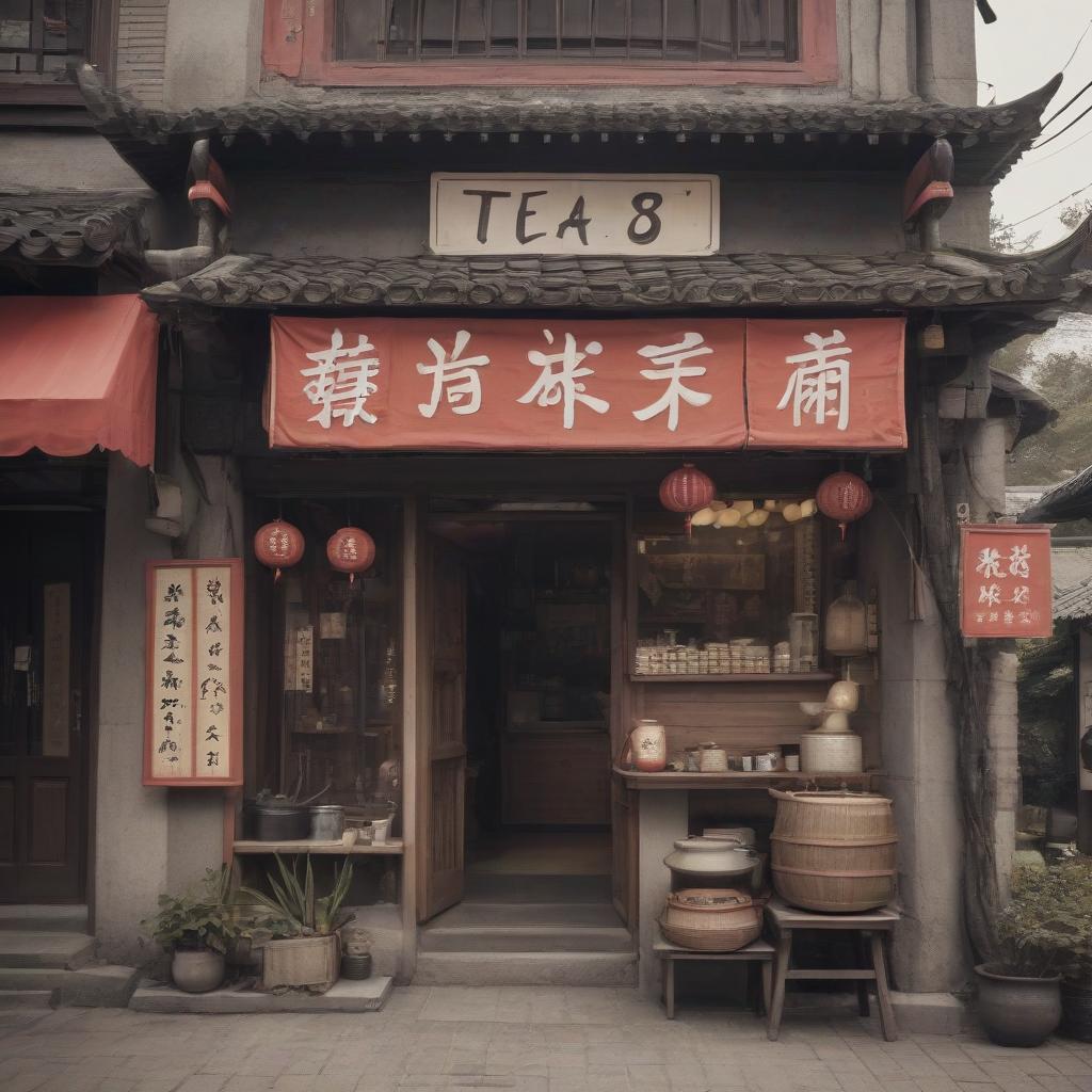  chinese town, tea store, tea ceremony, sign text “tea875”, epic foto, 4k