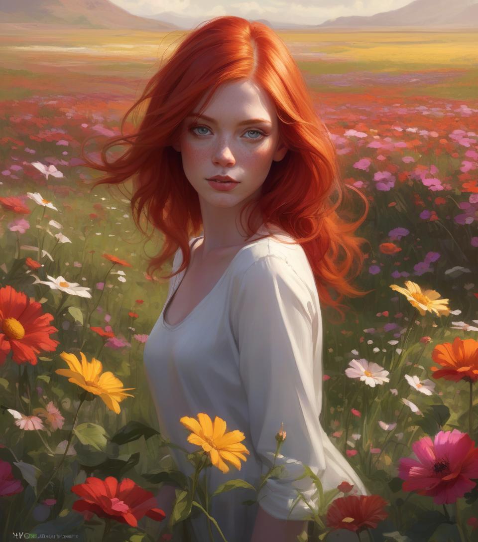  concept art painting &quot;woman with red hair in a flower field&quot;, gorgeous digital painting, beautiful digital painting, galen dara, redhead woman, stunning digital painting, inspired by vincent lefevre, rhads and lois van baarle, digital oil painting, author: mads mountain, digital oil painting, portrait of a red haired girl, by igor grabar . digital artwork, illustrative, painterly, matte painting, highly detailed