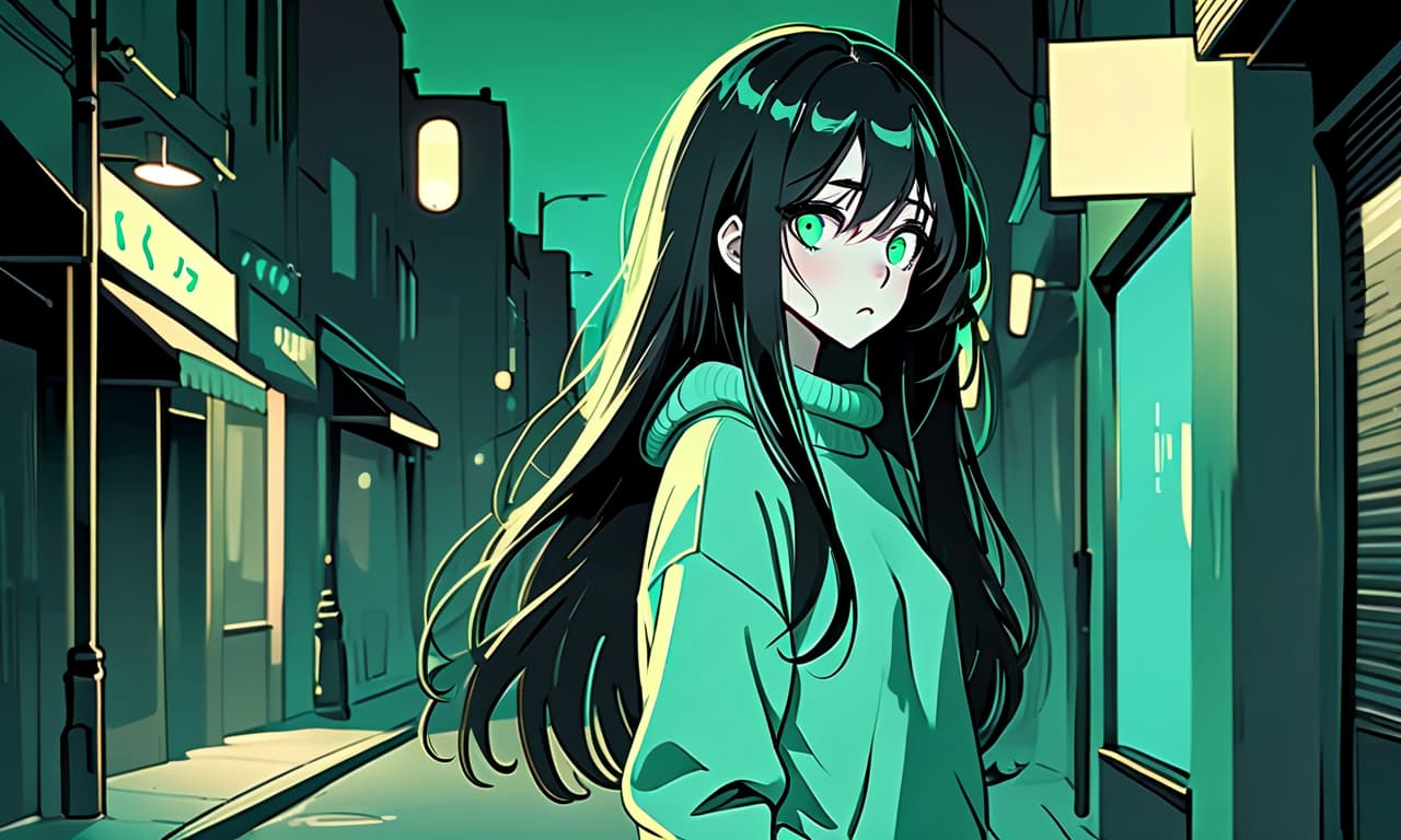  minimalist style a girl in anime style with long black hair stands on an empty and night street dressed in a sweater of warm pastel green color and pants. the girl looks into the darkness with black lower eyelids under the eyes full of fear of the unknown and curiosity, and the bright turquoise eyes themselves stand out against the background of everything. the image uses warm and bed tones . simple, clean, uncluttered, modern, elegant