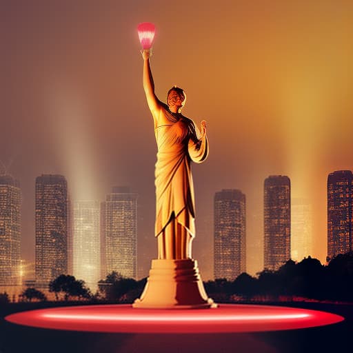 dvarchmodern a statue on top of a hill next to a body of water, flashy red lights, looming over a horde of gold, year 2 0 4 0, diabolic, promotional image, at the world cup, torchlit, around the tower in lights, night sky