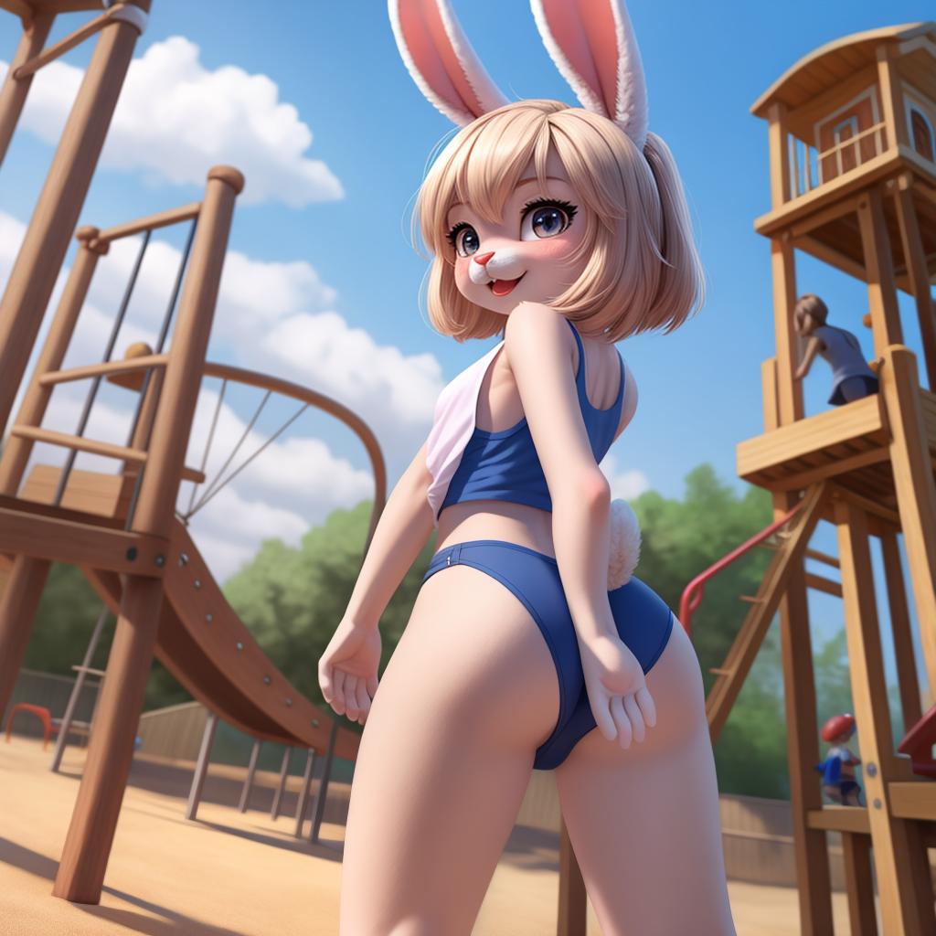  Female bunny anthro, hot, tank top, , bunny tail, full body, , young, lewd, in view, over, playground, open eyes, masterpiece, 4k, fine details,