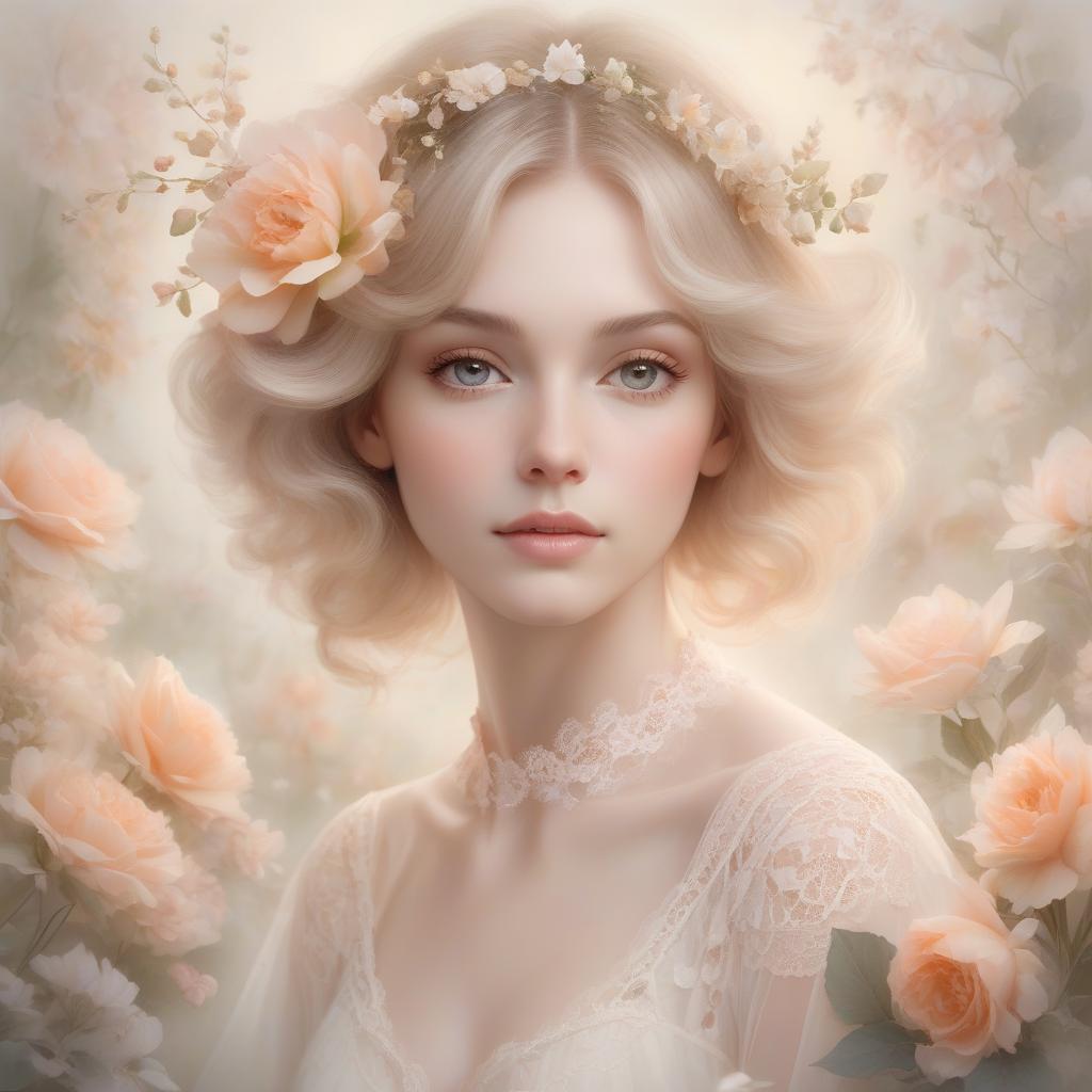  a dreamy portrait of a woman surrounded by a soft floral motif, exuding a serene, ethereal beauty. mrs. robinson, you’re trying to seduce me. aren’t you? portrait of a stunning lady in a serene magical ethereal floral arrangement with soft focus and delicate transparent petals, cream and peach colored lace, a touch of dreamy soft tones, misty background, a perfect masterpiece