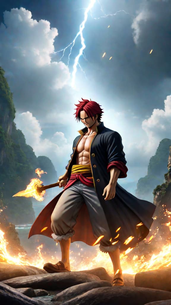  create an anime art depicting shanks recognizing a spark in luffy reminiscent of gol d. roger. hyperrealistic, full body, detailed clothing, highly detailed, cinematic lighting, stunningly beautiful, intricate, sharp focus, f/1. 8, 85mm, (centered image composition), (professionally color graded), ((bright soft diffused light)), volumetric fog, trending on instagram, trending on tumblr, HDR 4K, 8K