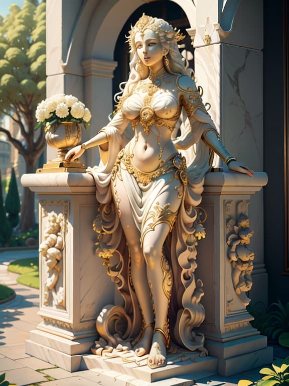  master piece, best quality, ultra detailed, highres, 4k.8k, elegant,graceful,feminine, standing proudly with confidence, serene, break goddess of freedom, a lush, vibrant garden, blooming flowers, marble statue, break tranquil and majestic, soft sunlight filtering through the leaves, creating a warm glow, ivorygoldai