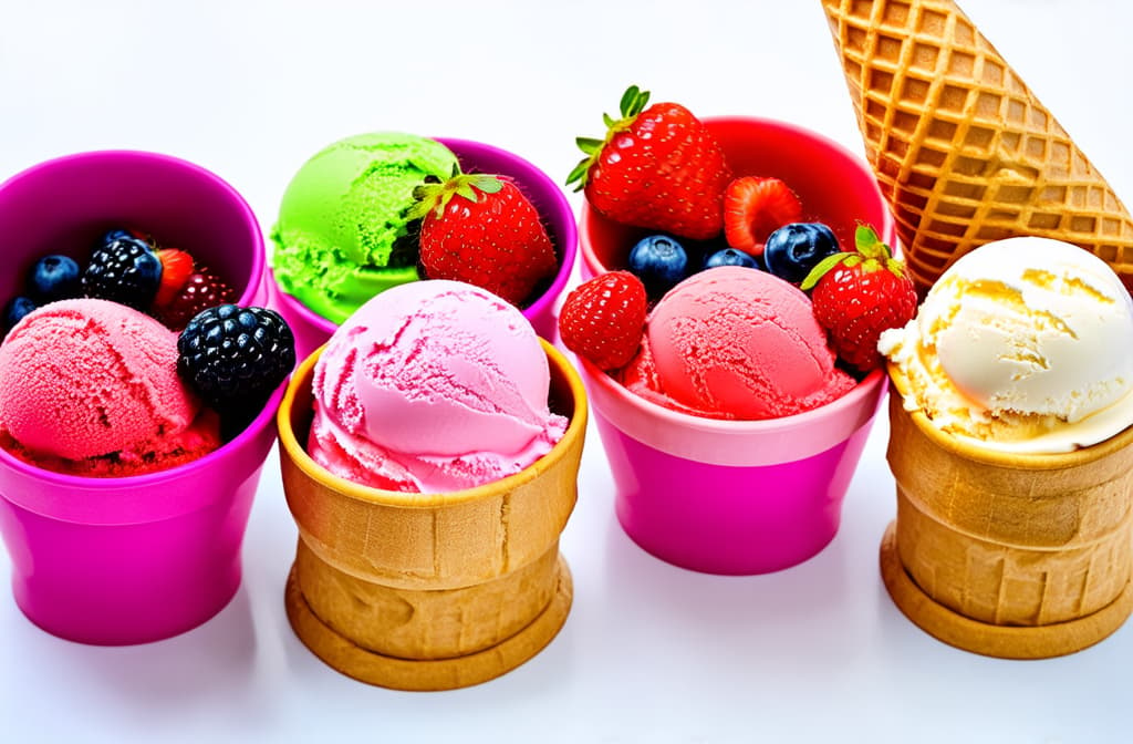  colorful bright ice cream on bowls, with waffle cones and berries, on white background. variety of ice cream portions with different flavor with fresh berries top view copy space layout background ar 3:2 {prompt}, maximum details