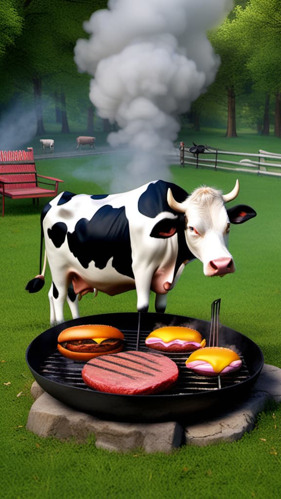  A cow barbecueing hamburgers, make it realistic.