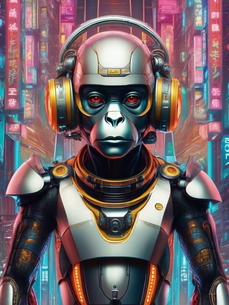  sabon style monkeys, silver luminous eyes, mechanical arms and legs, wearing black robes, high tech helmets, future urban contexts with neon lights, neon colored, high tech implants, cold looking faces, strong light contrasts, real life styles。