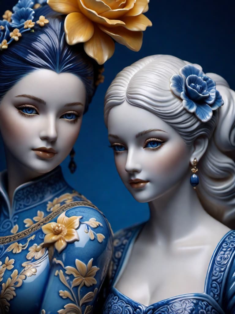  Close-up porcelain female figurine, looking to the camera, glossy surface, glaze, shiny, blue floral tattoos on her, dark gradient background, baroque dark style, hyperrealistic, CG society, intricate details