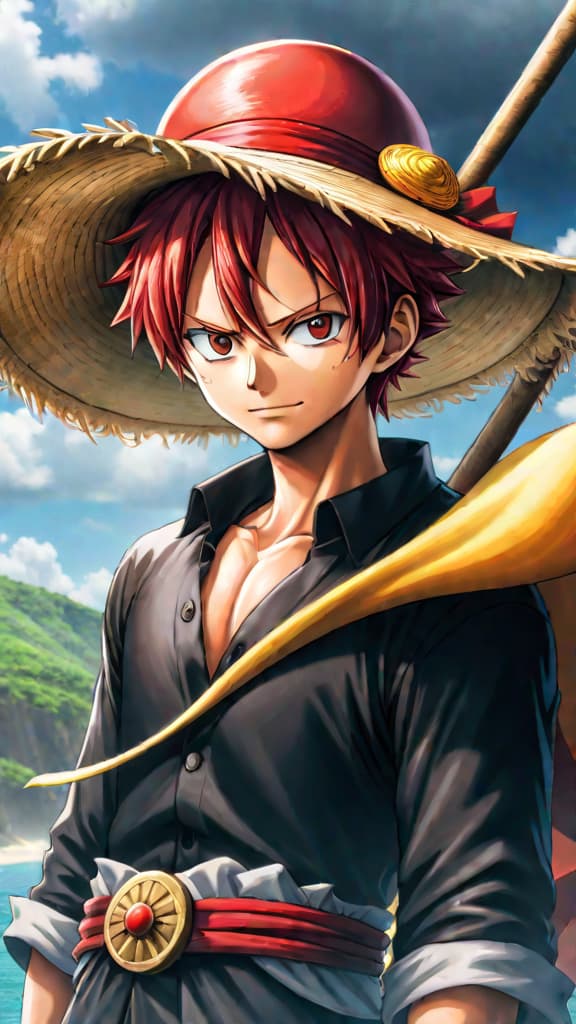  anime art: luffy learns true leadership from red haired shanks, symbolized by the iconic straw hat. hyperrealistic, full body, detailed clothing, highly detailed, cinematic lighting, stunningly beautiful, intricate, sharp focus, f/1. 8, 85mm, (centered image composition), (professionally color graded), ((bright soft diffused light)), volumetric fog, trending on instagram, trending on tumblr, HDR 4K, 8K