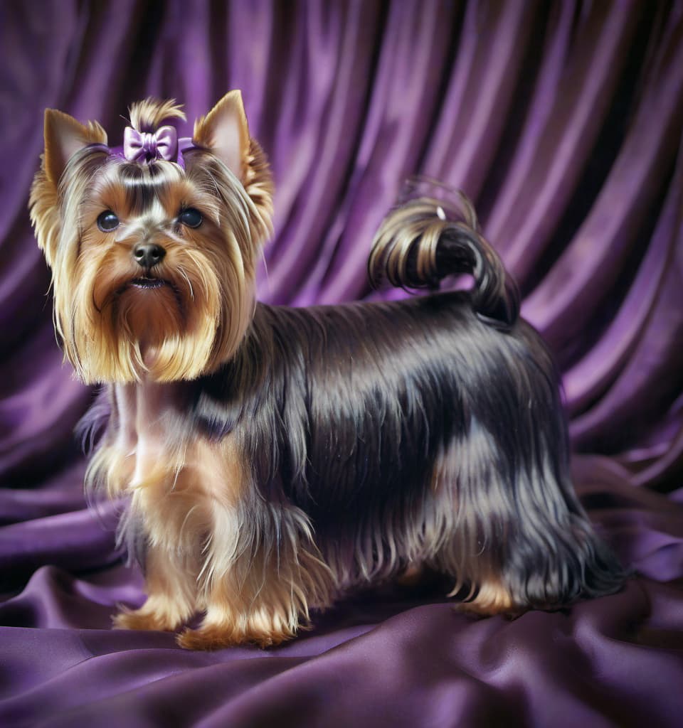  dreamscape yorkshire terrier on a purple satin background . surreal, ethereal, dreamy, mysterious, fantasy, highly detailed, film photography style