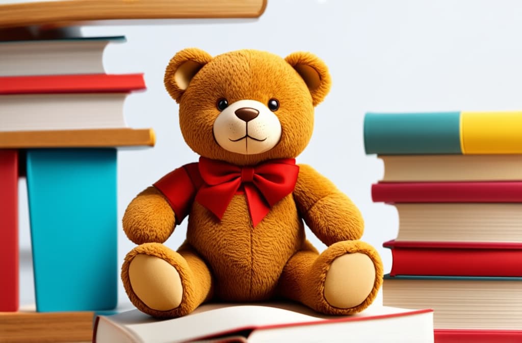  teddy bear, sitting, books around him ar 3:2 {prompt}, maximum details